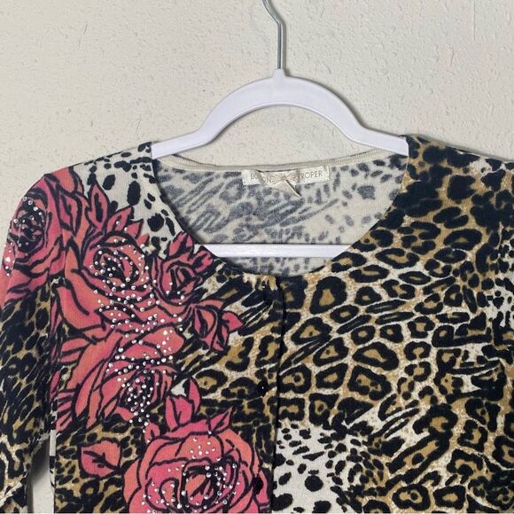 Boston Proper Animal Print Floral Jewled Button Front Cardigan Women's Size M - Picture 9 of 16